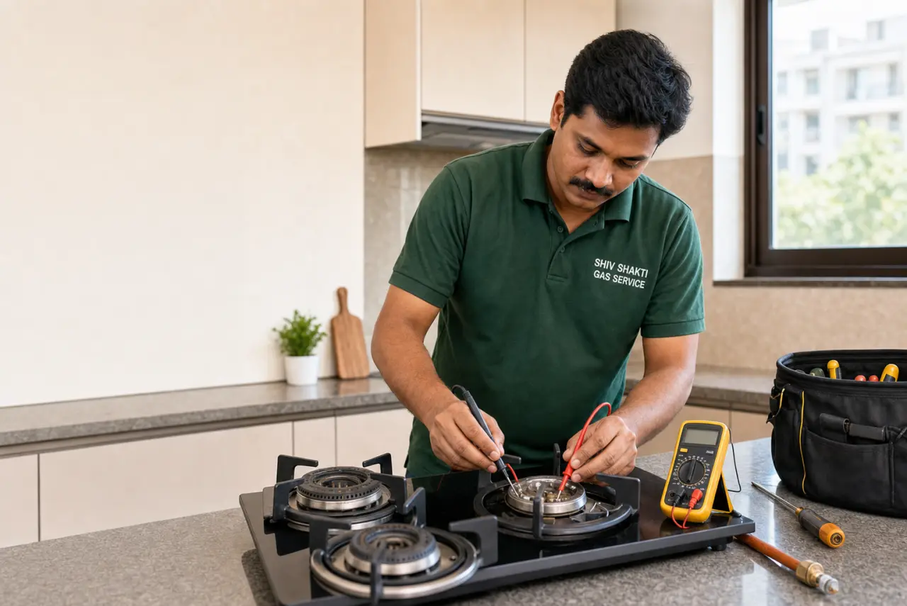 Shiv Shakti technician inspecting a gas hob