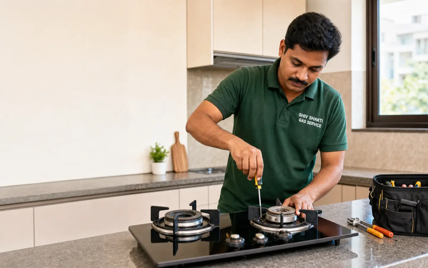 Shiv Shakti Gas Service technician repairing a gas hob